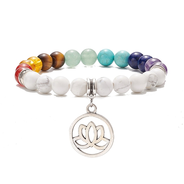 

PandaHall Natural Howlite & Mixed Gemstone Stretch Bracelet with Alloy Lotus Charms, Chakra Jewelry for Women, Inner Diameter: 2-1/8 inch...