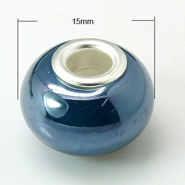 

PandaHall Handmade Porcelain European Beads, with Silver Color Brass Double Cores, Rondelle, Marine Blue, 15x10~11mm, Hole: 5mm...