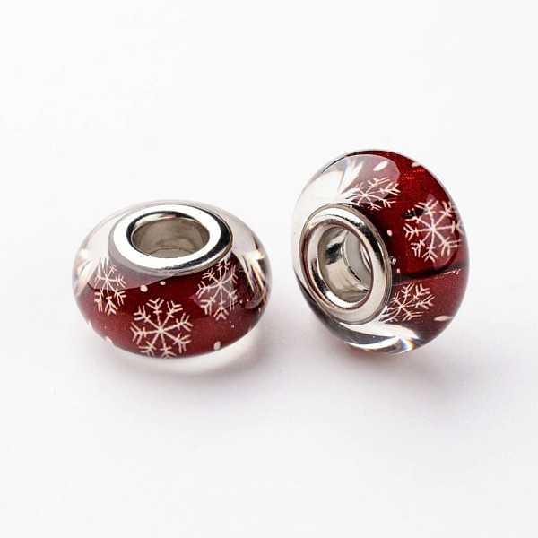 

PandaHall Resin European Beads, Christmas Theme, Large Hole Rondelle Beads, with Snowflake Pattern and Brass Double Cores, Platinum, Dark..., Red