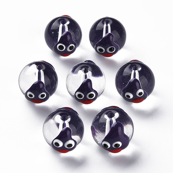 

PandaHall Transparent Glass Enamel Beads, Round with Cartoon, Indigo, 13.5~14x12~12.5x11.5mm, Hole: 1.6~2mm Glass Round Purple