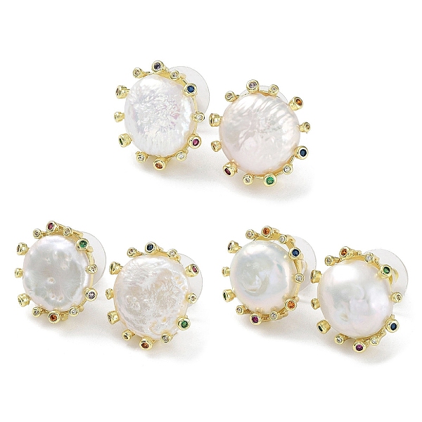 

PandaHall Rack Plating Brass Stud Earrings, Natural Pearl & Cubic Zirconia Sun Earrings, Long-Lasting Plated, Golden, 18.5~20x16.5~18mm...