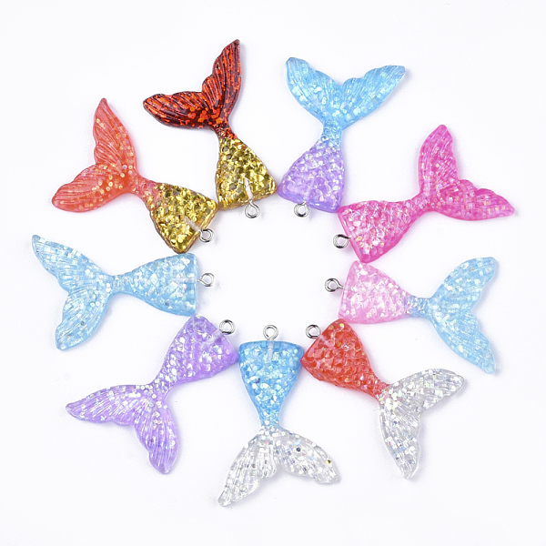 PandaHall Resin Pendants, with Glitter Powder and Iron Findings, Mermaid Tail Shape, Platinum, Mixed Color, 46x30x6mm, Hole: 2mm Iron+Resin...