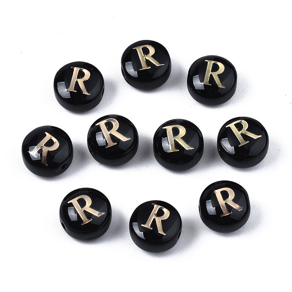 

PandaHall Handmade Lampwork Beads, with Golden Plated Brass Etched Metal Embellishments, Flat Round with Alphabet, Letter.R, 8x5mm, Hole..., Black
