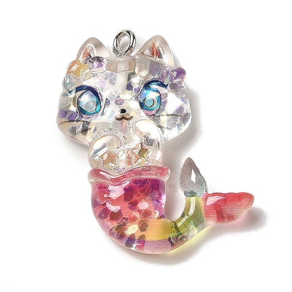 PandaHall Mermaid Theme Transparent Resin Pendants, Sea Animal Charms with Paillette and Platinum Tone Iron Loops, Colorful, Cat Shape...