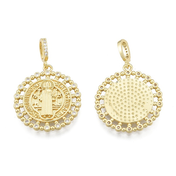 

PandaHall Brass Micro Pave Clear Cubic Zirconia Pendants, Flat Round with Saint Benedict Medal, Real 18K Gold Plated, 25x22x2.5mm, Hole...