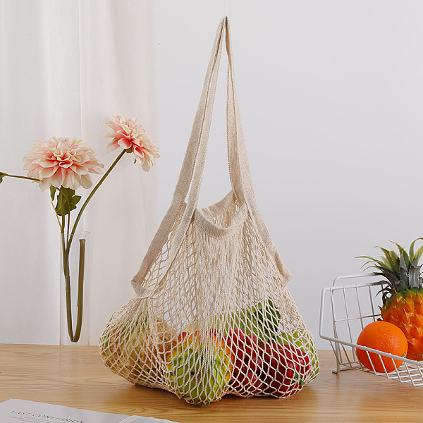 PandaHall Cotton Woven Mesh Handle Tote Bag, Portable Reusable Grocery Bags, Antique White, 40x35cm, Handle: 550mm long Cotton