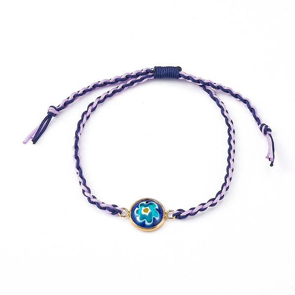 

PandaHall Adjustable Two Tone Nylon Thread Braided Bead Bracelets, with Millefiori Glass Links, Flat Round with Flower, Golden, Lilac, Inner..., Purple