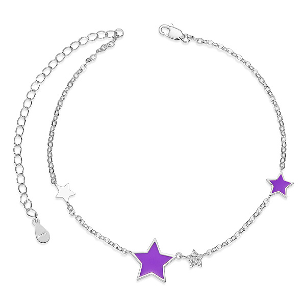 PandaHall SHEGRACE 925 Sterling Silver Link Anklets, with Grade AAA Cubic Zirconia and Epoxy Resin, Star, Purple, 8-1/4 inch(21cm) Sterling...
