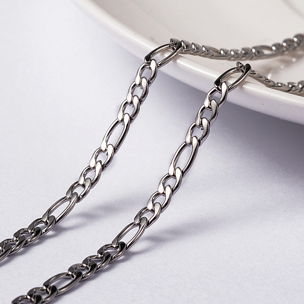 

PandaHall 304 Stainless Steel Figaro Chains, Unwelded, with Spool, Stainless Steel Color, 4x3x0.8mm, 6.5x3x0.8mm, about 65.61 Feet(20m)/roll...