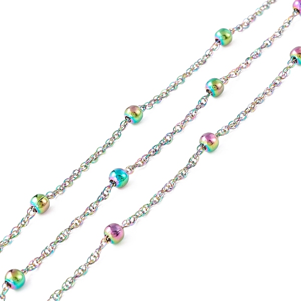 

PandaHall 304 Stainless Steel Satellite Chains, Unwelded, with Spool, Rainbow Color, Beads: 4mm, Link: 3x1x1mm, about 32.81 Feet(10m)/roll...