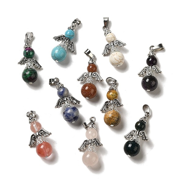 

PandaHall Natural & Synthetic Mixed Gemstone Pendants, Guardian Angel Charms with Alloy Wings, Mixed Dyed and Undyed, Antique Silver...
