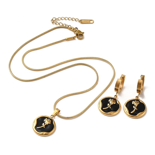 

PandaHall Flower Golden 304 Stainless Steel Jewelry Set with Enamel, Dangle Hoop Earrings and Pendant Necklace, Black, Necklaces: 402mm;...