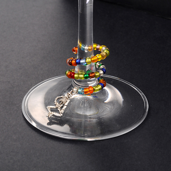 

PandaHall Punk Alloy Human Skeleton Pendants for Halloween Jewelry Making Wine Glass Charms, with Glass Seed Beads and Brass Wine Glass...