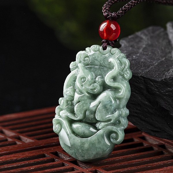 

PandaHall Natural Jadeite Pendant Necklaces, with Resin Bead and Wax Rope, the 12 Chinese Zodiac, Mouse, 26.38 inch(67cm), Pendant...