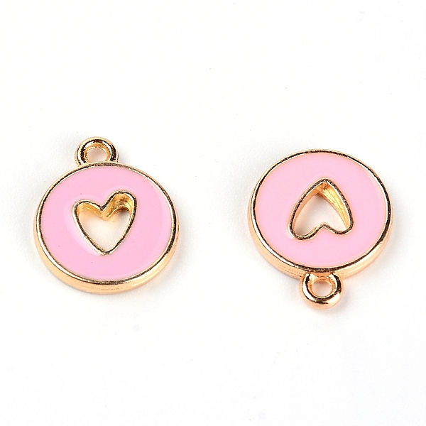 

PandaHall Zinc Alloy Enamel Charms, Flat Round with Hollow Heart, Light Gold, Pink, 14x12x2mm, Hole: 1.5mm Alloy+Enamel Flat Round Pink
