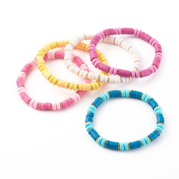 

PandaHall Handmade Polymer Clay Heishi Beaded Stretch Bracelets, with Brass Beads, Golden, Mixed Color, Inner Diameter: 2-1/4 inch(5.6cm)..., Multicolor