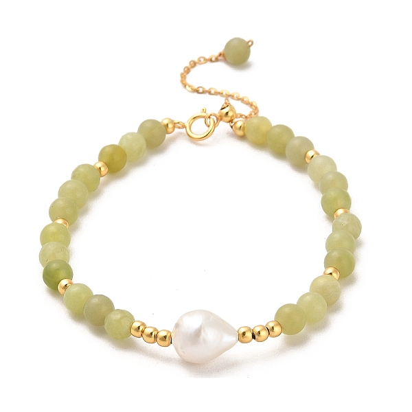 

PandaHall Natural Xiuyan Jade Bead Bracelets, with Sterling Silver Beads and Pearl Beads, Real 18K Gold Plated, 15.8cm Xiuyan Jade