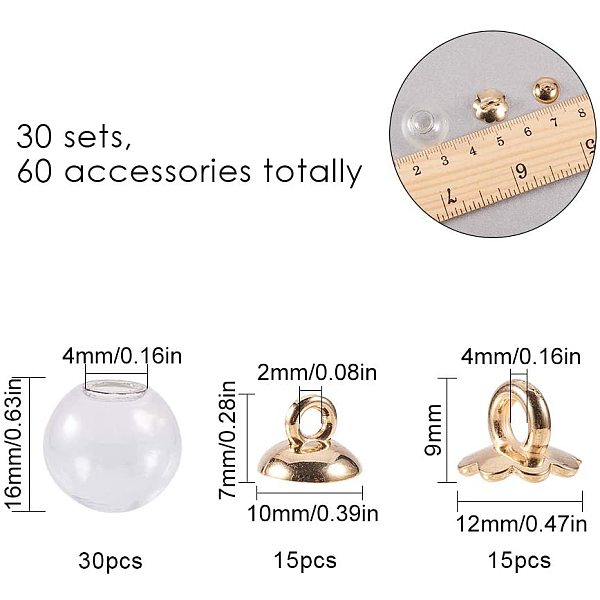 

PandaHall 30 Sets 16mm Glass Bottle Pendant Makings Sets, with Round&Flower Style Plastic Pendant Bails and Round Mechanized Blown Mini..., Clear