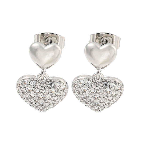 

PandaHall Heart Brass Pave Clear Cubic Zirconia Dangle Earrings, Platinum, 17x11.5mm Brass Heart Clear