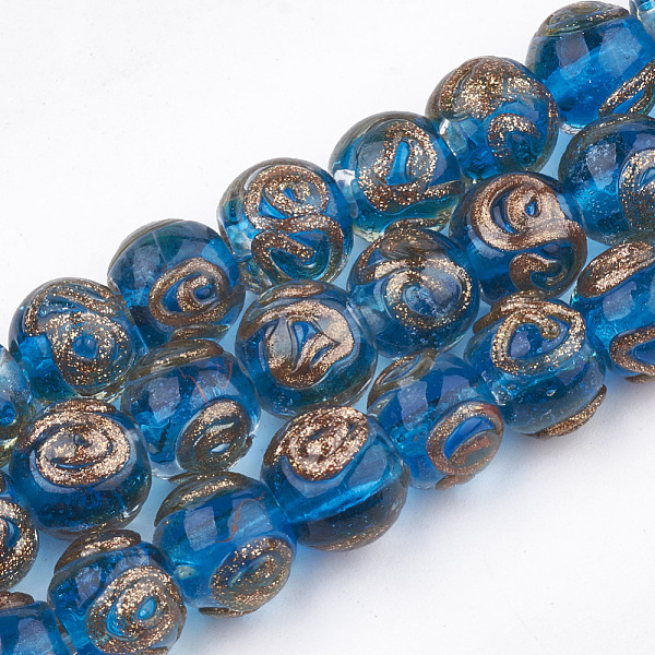 

PandaHall Handmade Gold Sand Lampwork Beads, Round, Dodger Blue, 10~11x9~9.5mm, Hole: 1.5~2mm Lampwork Round Blue