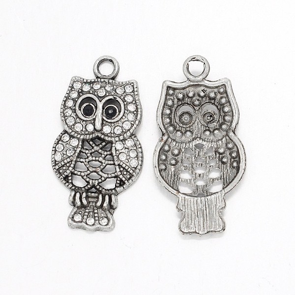 

PandaHall Antique Silver Alloy Rhinestone Owl Pendants for Halloween Jewelry, Crystal, 33x17x4mm, Hole: 2mm Alloy+Rhinestone Owl Clear