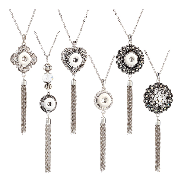 

PandaHall 5Pcs 5 Style Interchangeable Alloy Snap Button Necklace Making, Tassel Necklace, Antique Silver & Platinum, 27-3/4~28-3/8 inch..., Clear