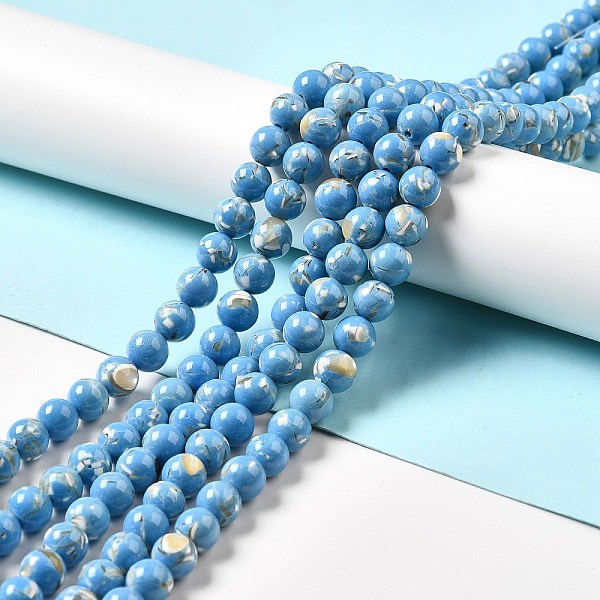 

PandaHall Synthetic Turquoise and Sea Shell Assembled Beads Strands, Dyed, Round, Blue, 12mm, Hole: 1.4mm, about 33pcs/strand, 15.55''...
