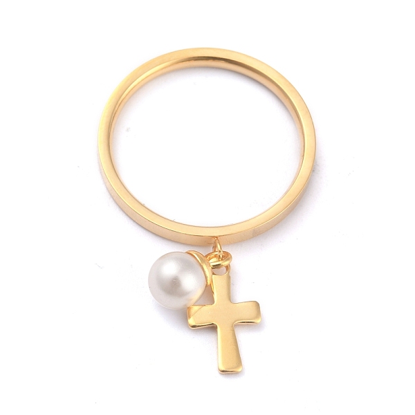 

PandaHall Dual-use Items, 304 Stainless Steel Finger Rings or Pendants, with Plastic Round Beads, Cross, White, Golden, US Size 5~9...