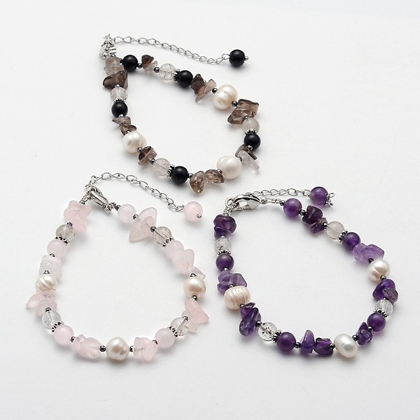 

PandaHall Natural Mixed Stone and Pearl Beaded Bracelets, with Platinum Tone Brass and Alloy Findings, 190mm Mixed Stone