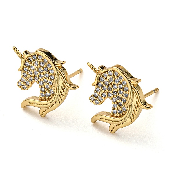 PandaHall Rack Plating Brass Unicorn Stud Earrings with Cubic Zirconia, Lead Free & Cadmium Free, Real 18K Gold Plated, 13.5x13mm...