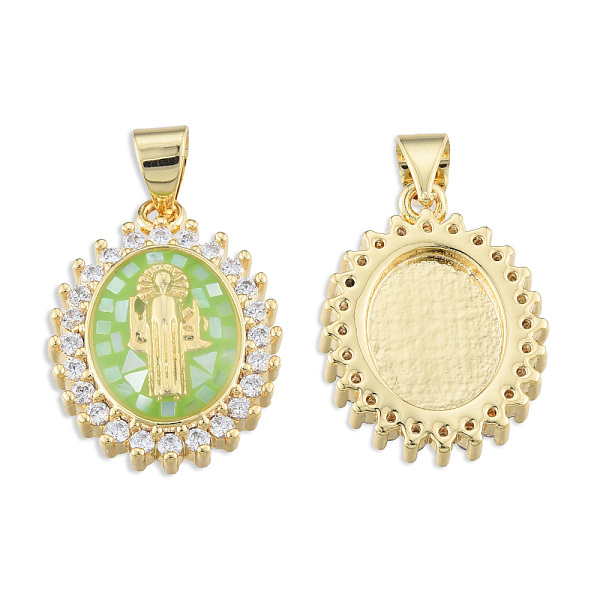 

PandaHall Brass Micro Pave Clear Cubic Zirconia Pendants, with Enamel and Shell, Real 18K Gold Plated, Nickel Free, Oval with Saint, Light...