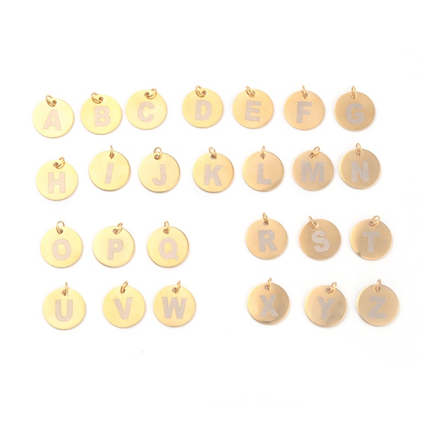 

PandaHall Ion Plating(IP) 304 Stainless Steel Charms, with Jump Rings, Laser Cut, Flat Round with Letter, Golden, 13x0.8mm, Hole: 2.5mm 304...