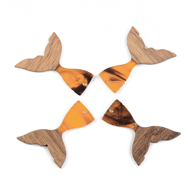 PandaHall Resin & Walnut Wood Pendants, Mermaid Fishtail Shape, Orange, 39x28x3mm, Hole: 2mm Resin+Wood Fish Orange