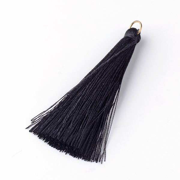 

PandaHall Nylon Thread Tassel Big Pendants Decoration, with Brass Findings, Golden, Black, 63~66x7mm, Hole: 7mm Nylon Black