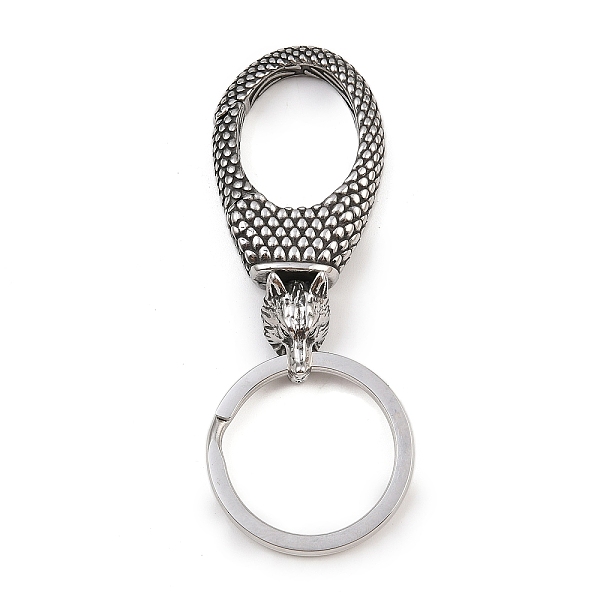 316 Surgical Stainless Steel Keychains, Antique Silver, Wolf, 80mm