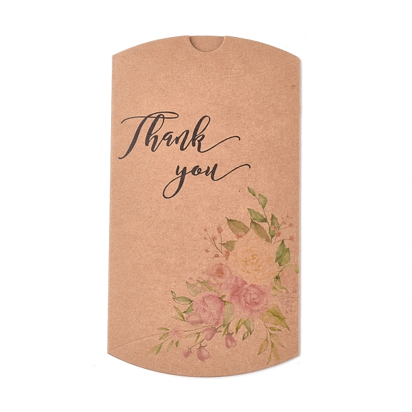 PandaHall Paper Pillow Boxes, Gift Candy Packing Box, Flower Pattern & Word Thank You, BurlyWood, Box: 12.5x7.6x1.9cm, Unfold...