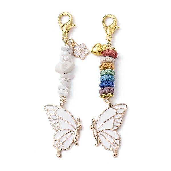 

PandaHall Butterfly Alloy Enamel Pendants Decoraiton, Natural Howlite Chip & Lava Rock Beads and Lobster Claw Clasps Charm, White, 81~83mm...