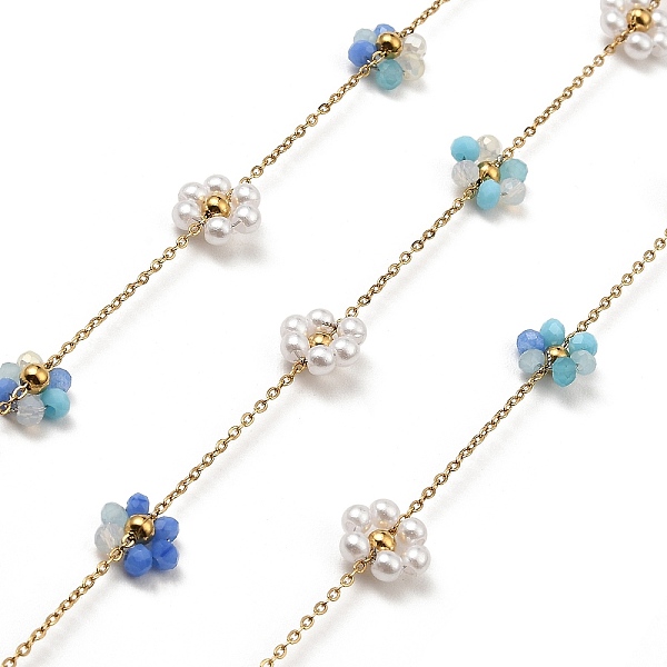 

PandaHall Glass & ABS Plastic Pearl Beaded Flower Link Chains, with Golden 304 Stainless Steel Cable Chains, Soldered, with Spool, Royal...
