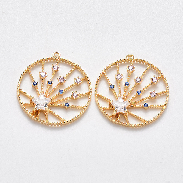 

PandaHall Brass Micro Pave Cubic Zirconia Pendants, Nickel Free, Flat Round with Star, Real 18K Gold Plated, Colorful, 22.5x20.5x4mm, Hole...
