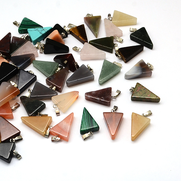 

PandaHall Triangle Natural & Synthetic Mixed Stone Pendants, with Platinum Tone Brass Findings, 22~25x14~15x5~7mm, Hole: 2x7mm Mixed Stone...