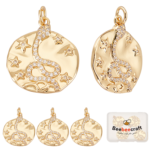 

PandaHall Beebeecraft 1 Box 6Pcs Snake Charm with Cubic Zirconia 18K Gold Plated Flat Round Chinese Zodiac Star and Snake Pendant Charm with..., Clear
