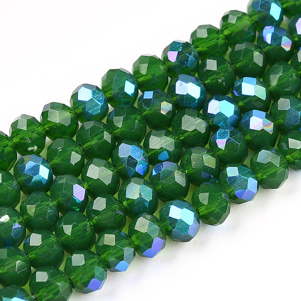 

PandaHall Electroplate Opaque Solid Color Glass Beads Strands, Half Rainbow Plated, Faceted, Rondelle, Green, 4x3mm, Hole: 0.4mm, about...
