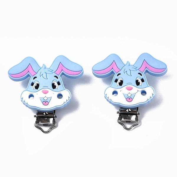 

PandaHall Food Grade Eco-Friendly Silicone Baby Pacifier Holder Clips, with 304 Stainless Steel Clips, Rabbit, Light Sky Blue, 56x55x21mm...