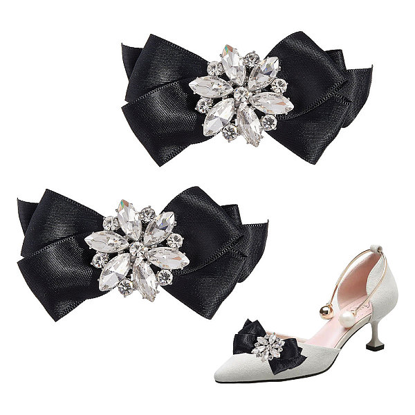 

PandaHall Fingerinspire 2Pcs Detachable Bowknot Polyester Ribbon Shoe Decoration, with Alloy Buckle Clip, Crystal Glass Rhinestone, Black...