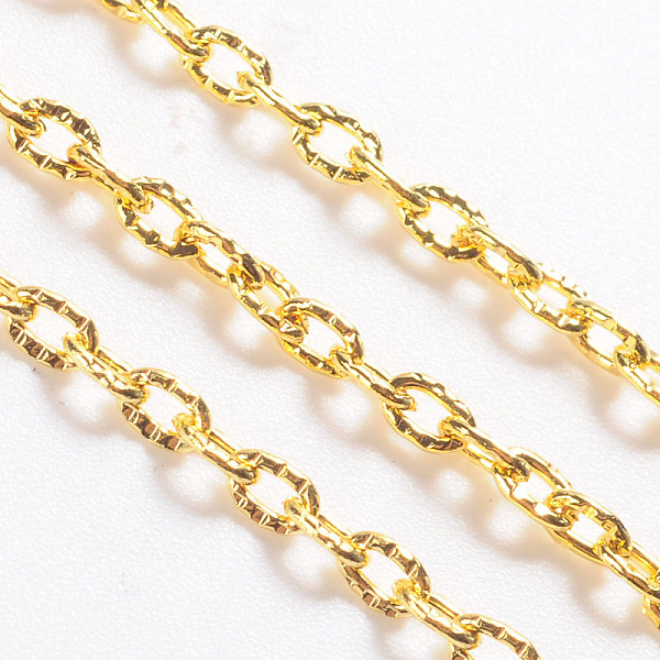 

PandaHall Iron Cable Chains, Textured, Unwelded, with Spool, Oval, Golden Color, 3x2x0.6mm, about 32.8 Feet(10m)/roll Iron