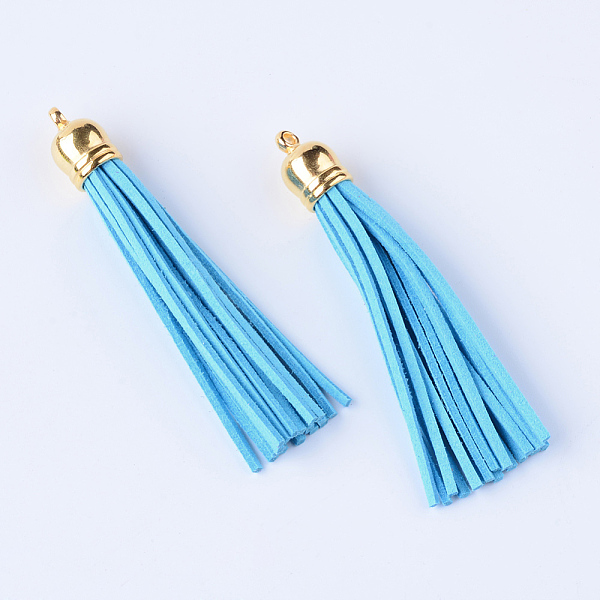 

PandaHall Faux Suede Tassel Pendant Decorations, with CCB Plastic Cord Ends, Golden, Deep Sky Blue, 84~89x11.5~12mm, Hole: 2.5mm Faux Suede...