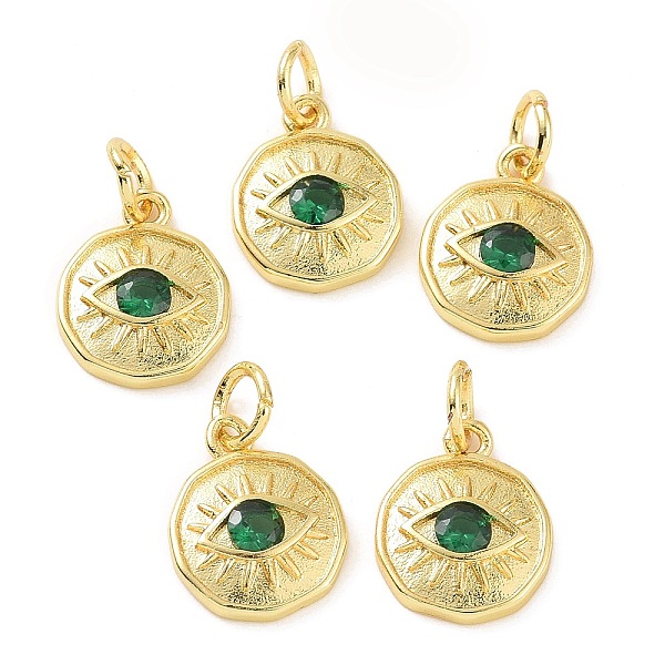 

PandaHall Brass Micro Pave Cubic Zirconia Pendants, with Jump Ring, Flat Round with Eye, Real 18K Gold Plated, Green, 12x10x2mm, Jump Rings...