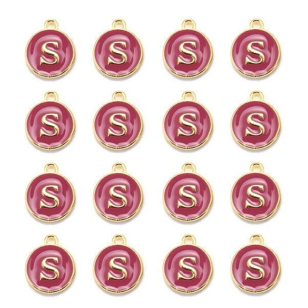 

PandaHall Golden Plated Alloy Enamel Charms, Cadmium Free & Lead Free, Enamelled Sequins, Flat Round with Letter, Camellia, Letter.S..., Pink