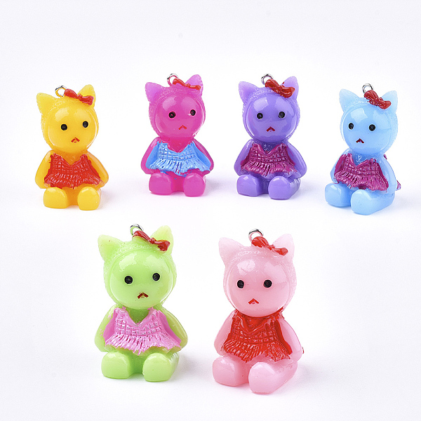 

PandaHall Resin Kitten Pendants, with Platinum Tone Iron Findings, Cat with Dress & Bowknot Shape, Mixed Color, 35~36x23~24x23~24mm, Hole..., Multicolor