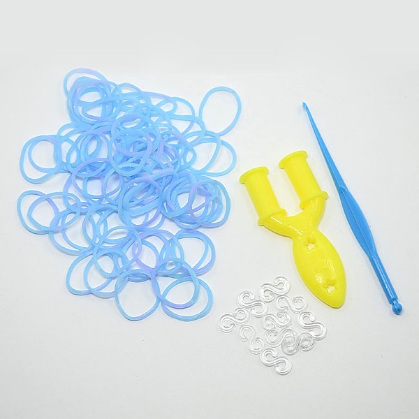

PandaHall (Defective Closeout Sale), Rubber Bands Refills, with Tool and Plastic S-Clips, Sky Blue, Hook: 80x6x3mm, Tool: 25x54x7mm, Clip...